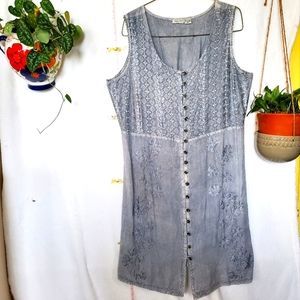 RAYA SUN BEACH SUMMER DRESS 2X gray buttons embroidered knee length